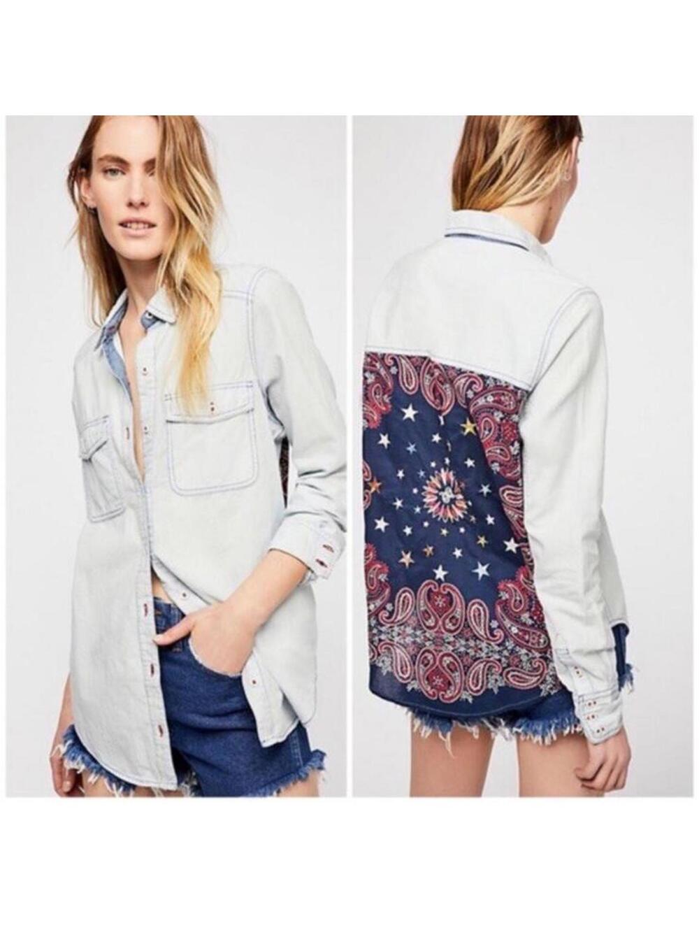 Free People Embroidered Bandana Bandit Chambray Button Down Shirt Women’s Small - Picture 13 of 15